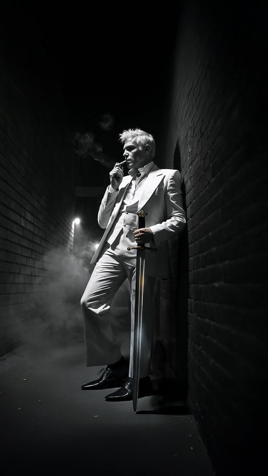 Man in a white suite leans against a brick wall in an alley. He smokes a cigarette while holding a broadsword casually by his side.