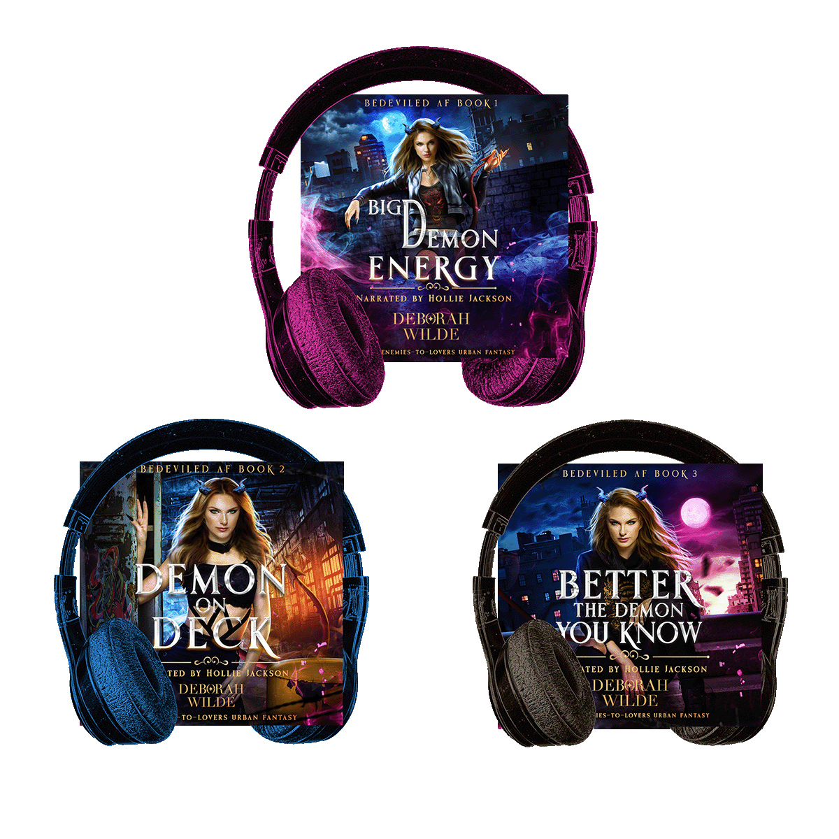 Audiobook covers for first three books in the "Bedeviled AF" series by Deborah Wilde, Narrated by Hollie Jackson. Title include "Big Demon Energry", "Demon on Deck", and "Better the Demon You Know".