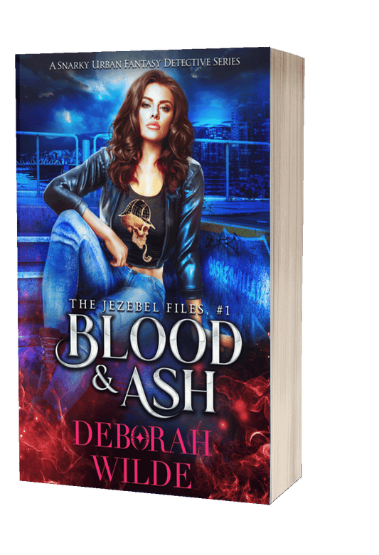Paperback cover of "Blood & Ash", book 1 in "The Jezebel Files", an urban fantasy detective series by Deborah Wilde.