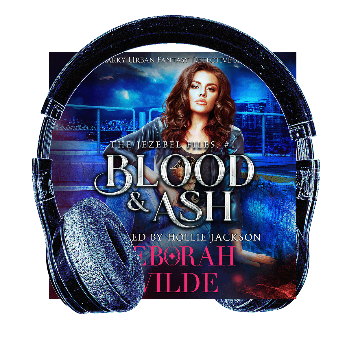 Cover of Blood & Ash with headphones. Funny, sexy, urban fantasy.