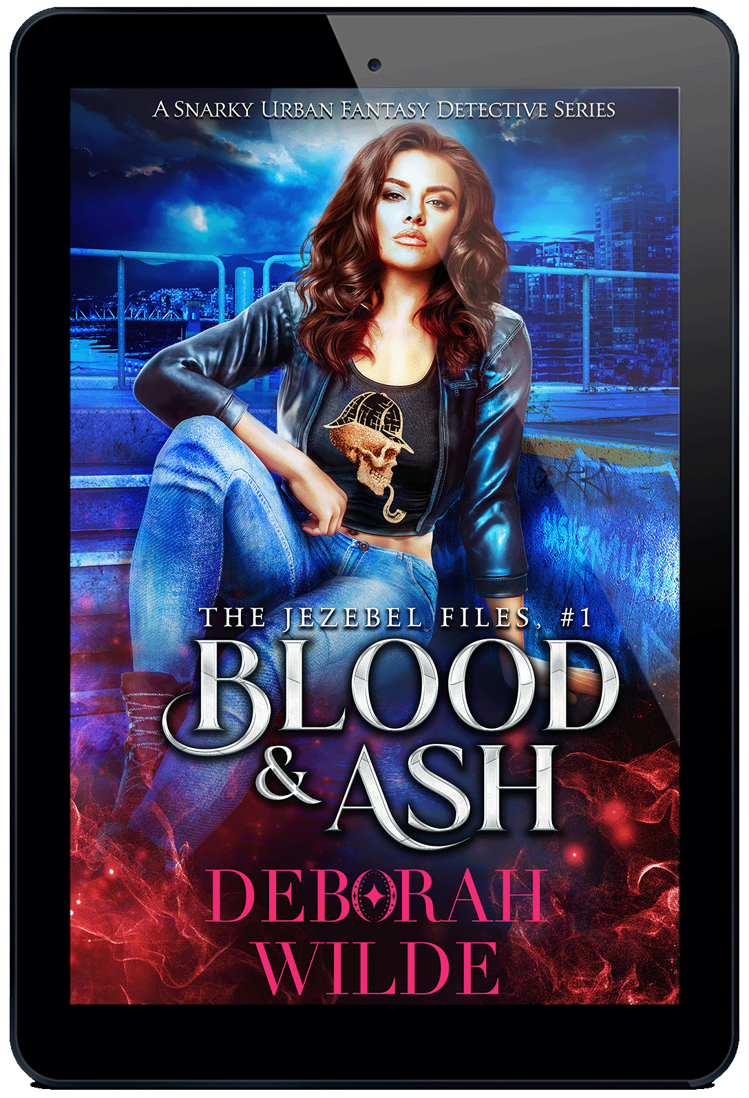 Ebook cover for "Blood & Ash" by Deborah Wilde. A brunette sits in an urban setting wearing a t-shirt with a skull smoking a pipe with a deerstalker hat under a leather jacket.