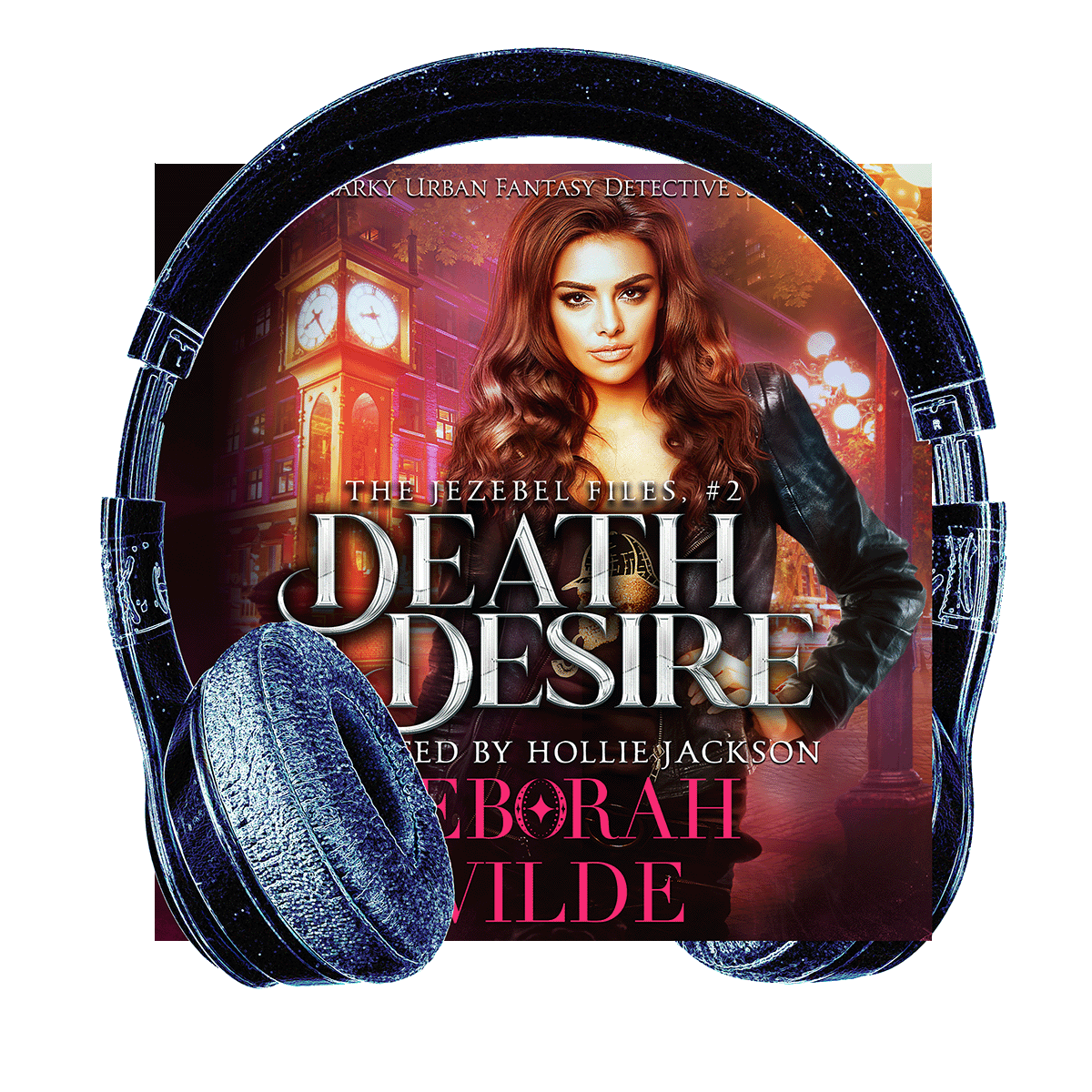 Cover of Death & Desire with headphones. Funny, sexy, urban fantasy.