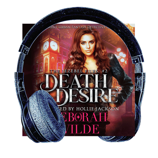 Cover of Death & Desire with headphones. Funny, sexy, urban fantasy.