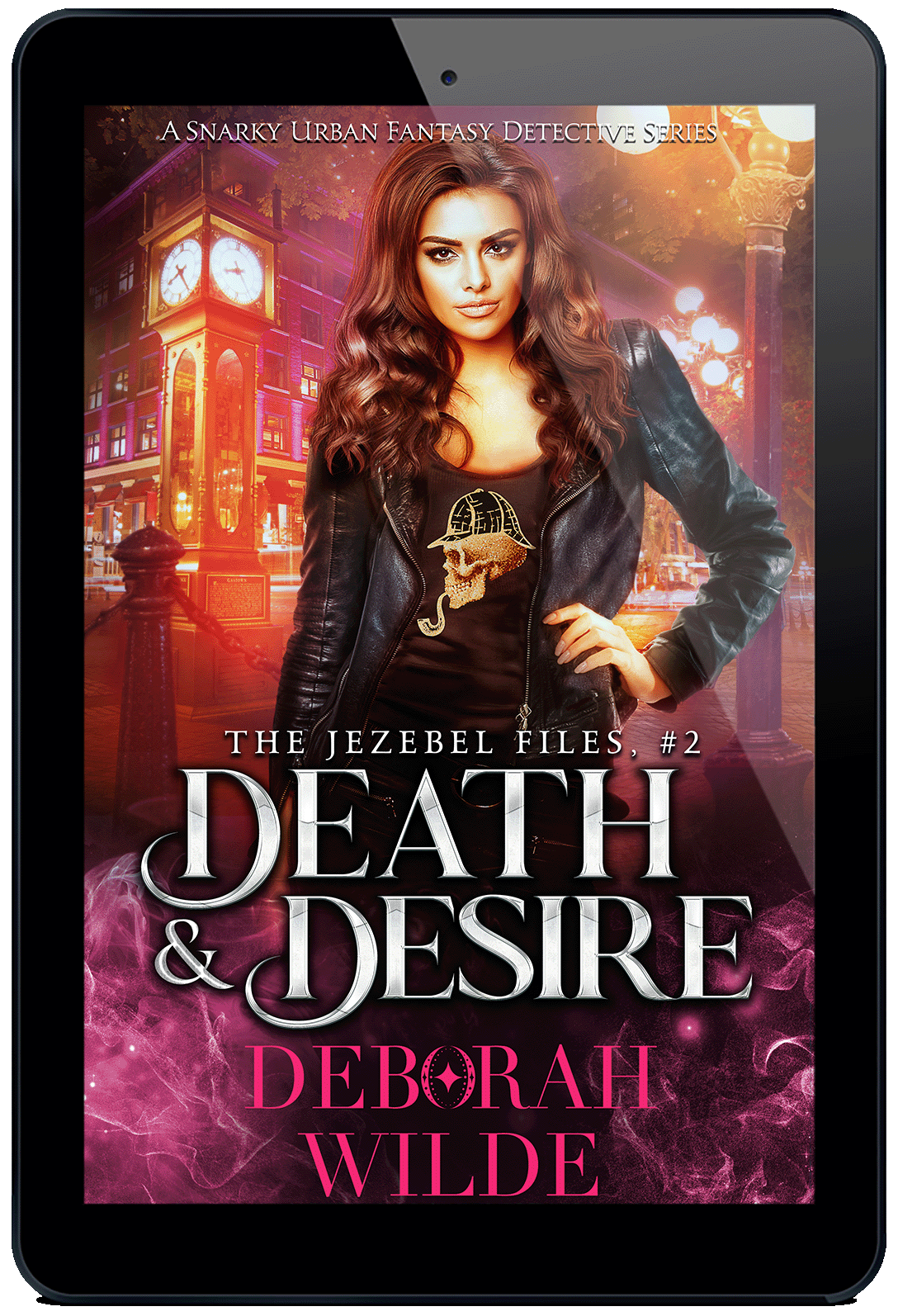 Ebook cover for "Death & Desire" by Deborah Wilde. A brunette stands on a warmly lit Gastown corner at night. Her leather jacket is open to reveal a tank top with a skull in deerstalker hat smoking a pipe logo.