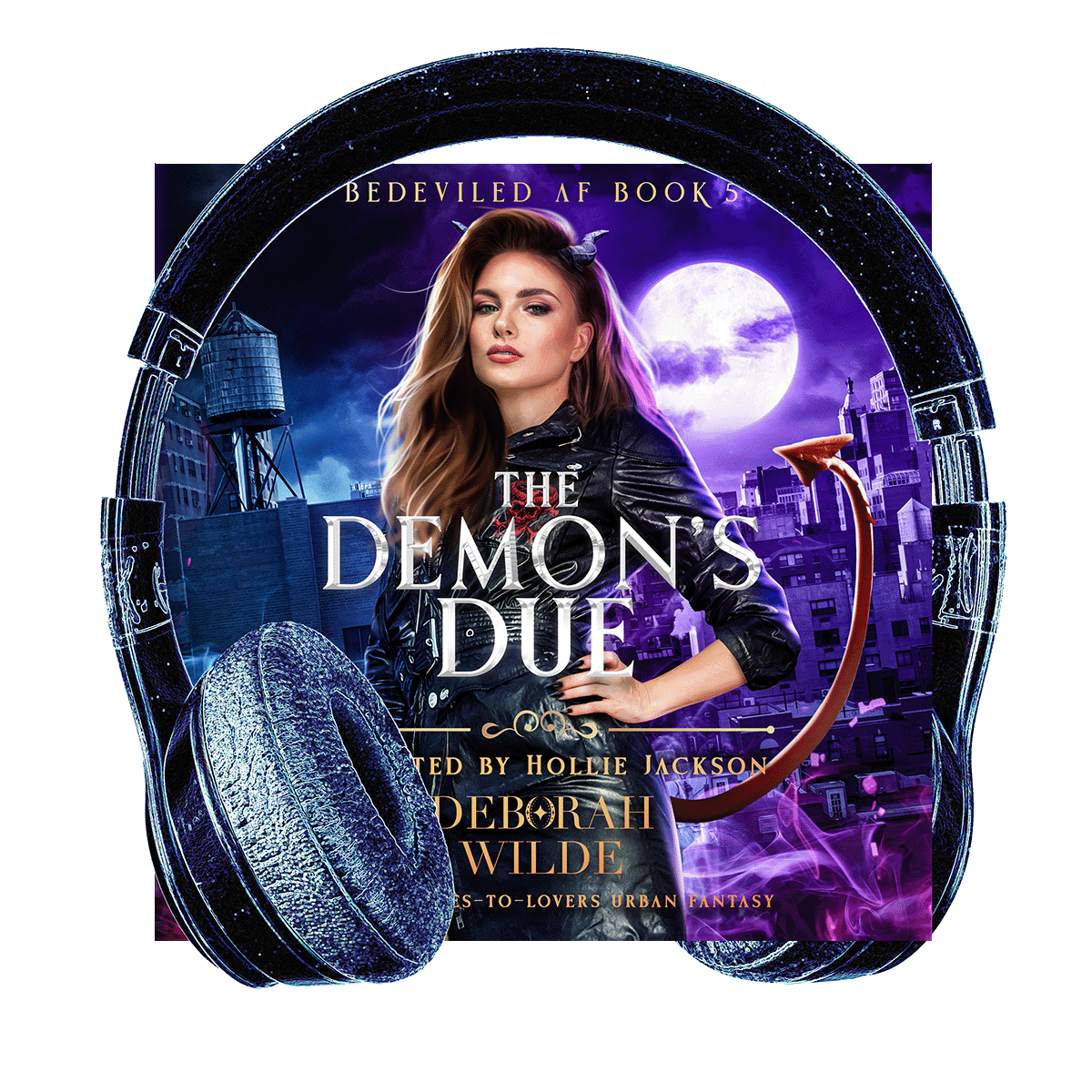 Cover of The Demon's Due audiobook. A woman with horns and a tail in black leather stands in front of a cityscape at night