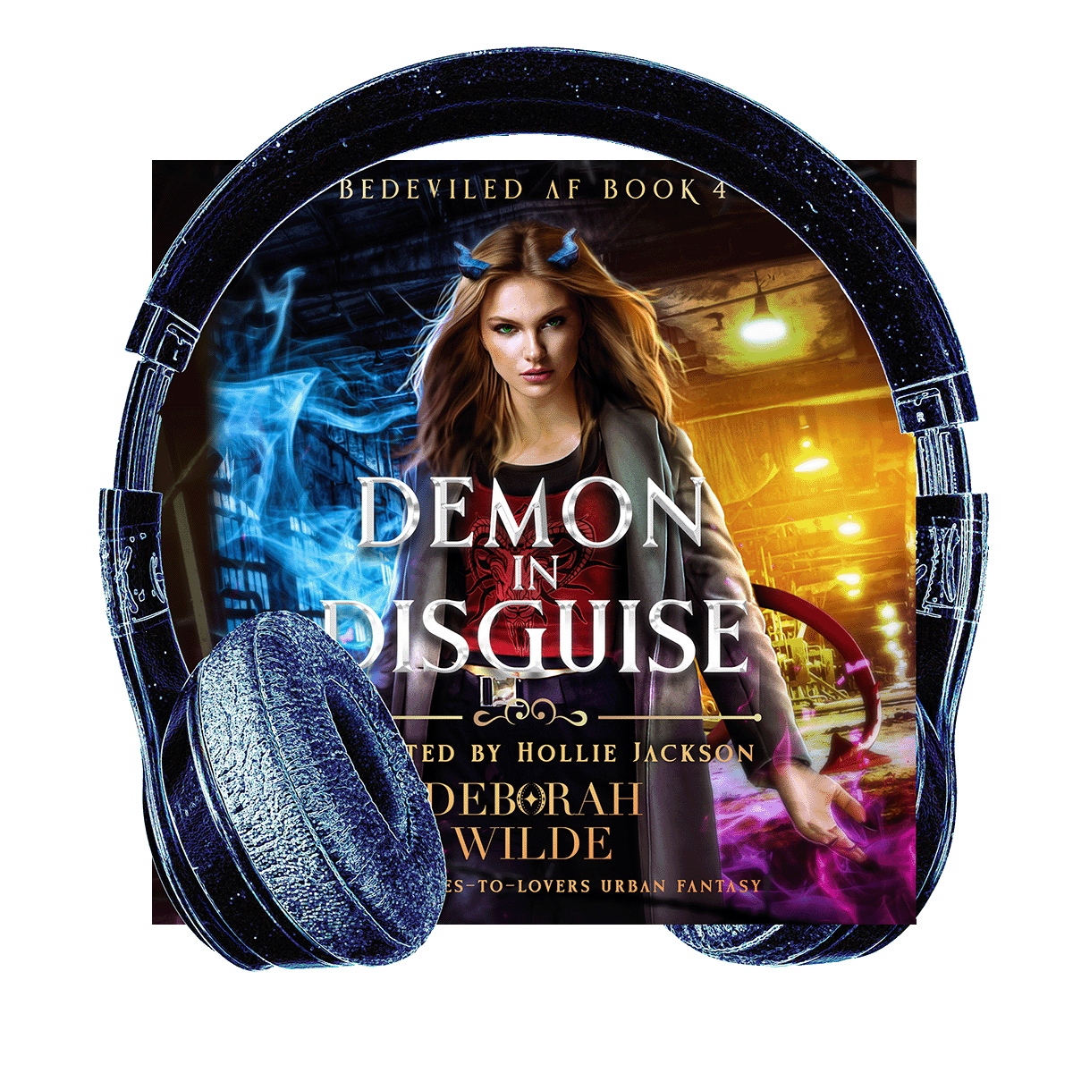 Audiobook cover for "Demon in Disguise" by Deborah Wilde. Headphones wrap image of woman with blue horns and red tail, in a trench coat.