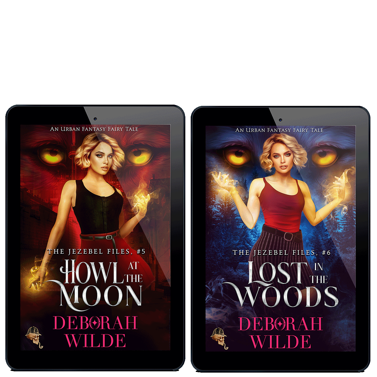 Covers of final 2 ebooks in "The Jezebel Files" by Deborah Wilde. including; "Howl at the Moon", and "Lost in the Woods".