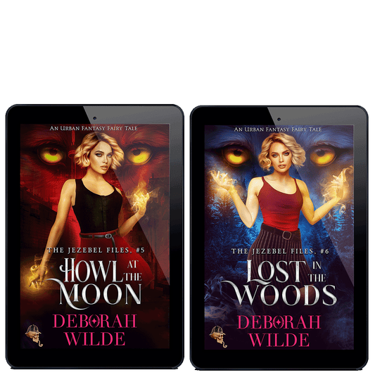 Covers of final 2 ebooks in "The Jezebel Files" by Deborah Wilde. including; "Howl at the Moon", and "Lost in the Woods".