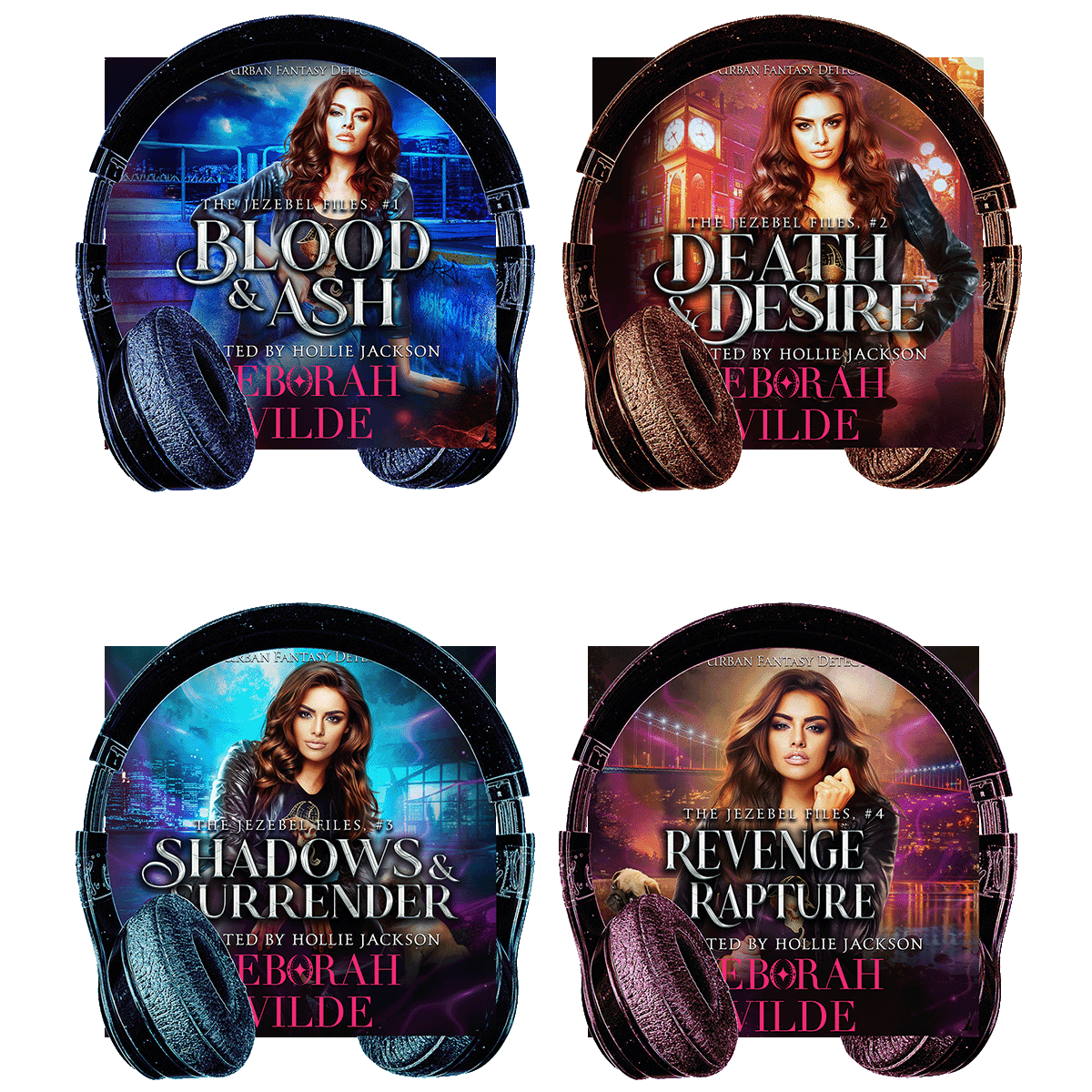 Cover of first 4 audiobooks in "The Jezebel Files" by Deborah Wilde, narrated by Hollie Jackson. Titles include; "Blood & Ash", Death & Desire", "Shadows & Surrender", and "Revenge & Rapture".