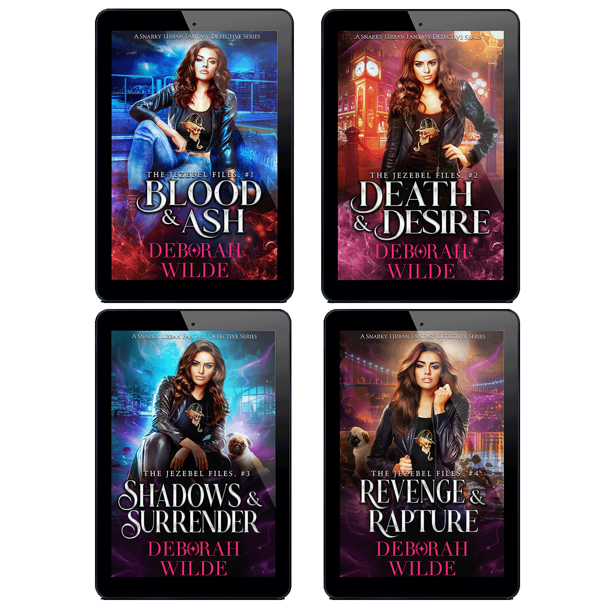 Covers of first 4 ebooks in "The Jezebel Files" series by Deborah Wilde. including; "Blood & Ash", "Death & Desire", "Shadows & Surrender", and "Revenge & Rapture".
