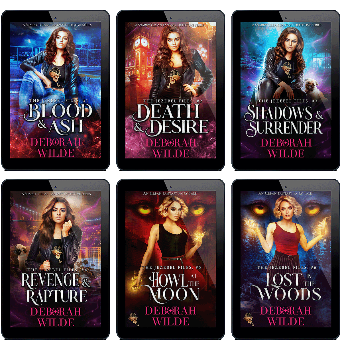 Covers of all 6 ebooks in "The Jezebel Files" by Deborah Wilde. including; "Blood & Ash", "Death & Desire", "Shadows & Surrender", "Revenge & Rapture", "Howl at the Moon", and "Lost in the Woods".