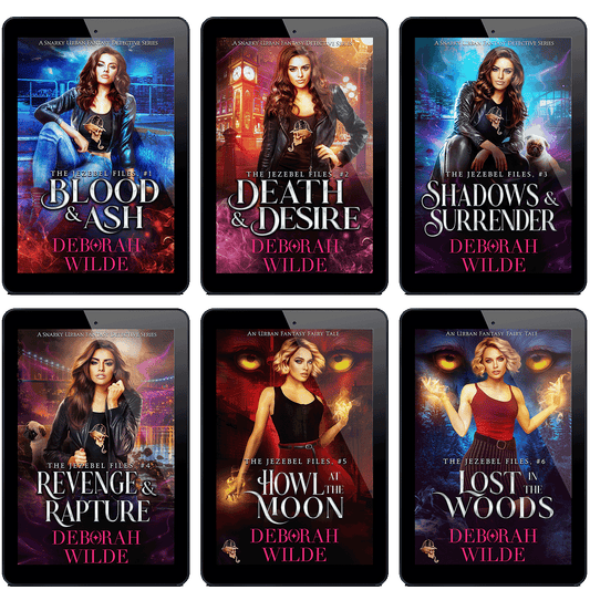 Covers of all 6 ebooks in "The Jezebel Files" by Deborah Wilde. including; "Blood & Ash", "Death & Desire", "Shadows & Surrender", "Revenge & Rapture", "Howl at the Moon", and "Lost in the Woods".