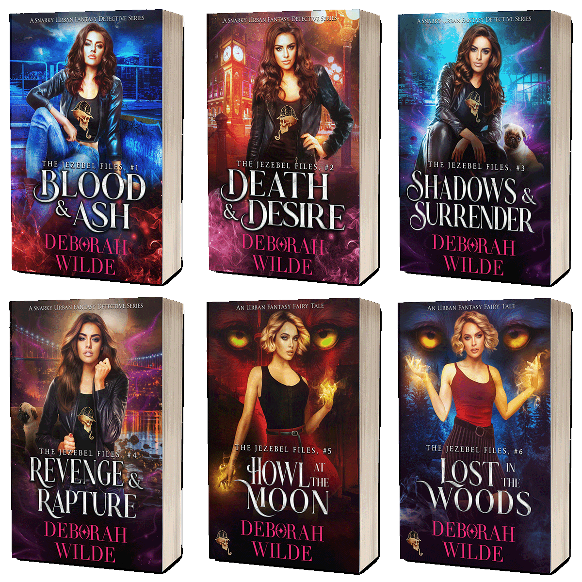 Paperback covers for "The Jezebel Files" by urban fantasy author Deborah Wilde. Including; "Blood & Ash", "Death & Desire", "Shadows & Surrender", "Revenge & Rapture", "Howl at the Moon", and "Lost in the Woods".