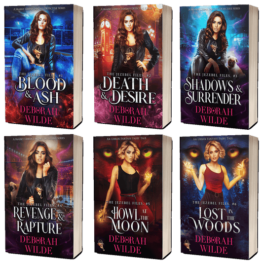 Paperback covers for "The Jezebel Files" by urban fantasy author Deborah Wilde. Including; "Blood & Ash", "Death & Desire", "Shadows & Surrender", "Revenge & Rapture", "Howl at the Moon", and "Lost in the Woods".