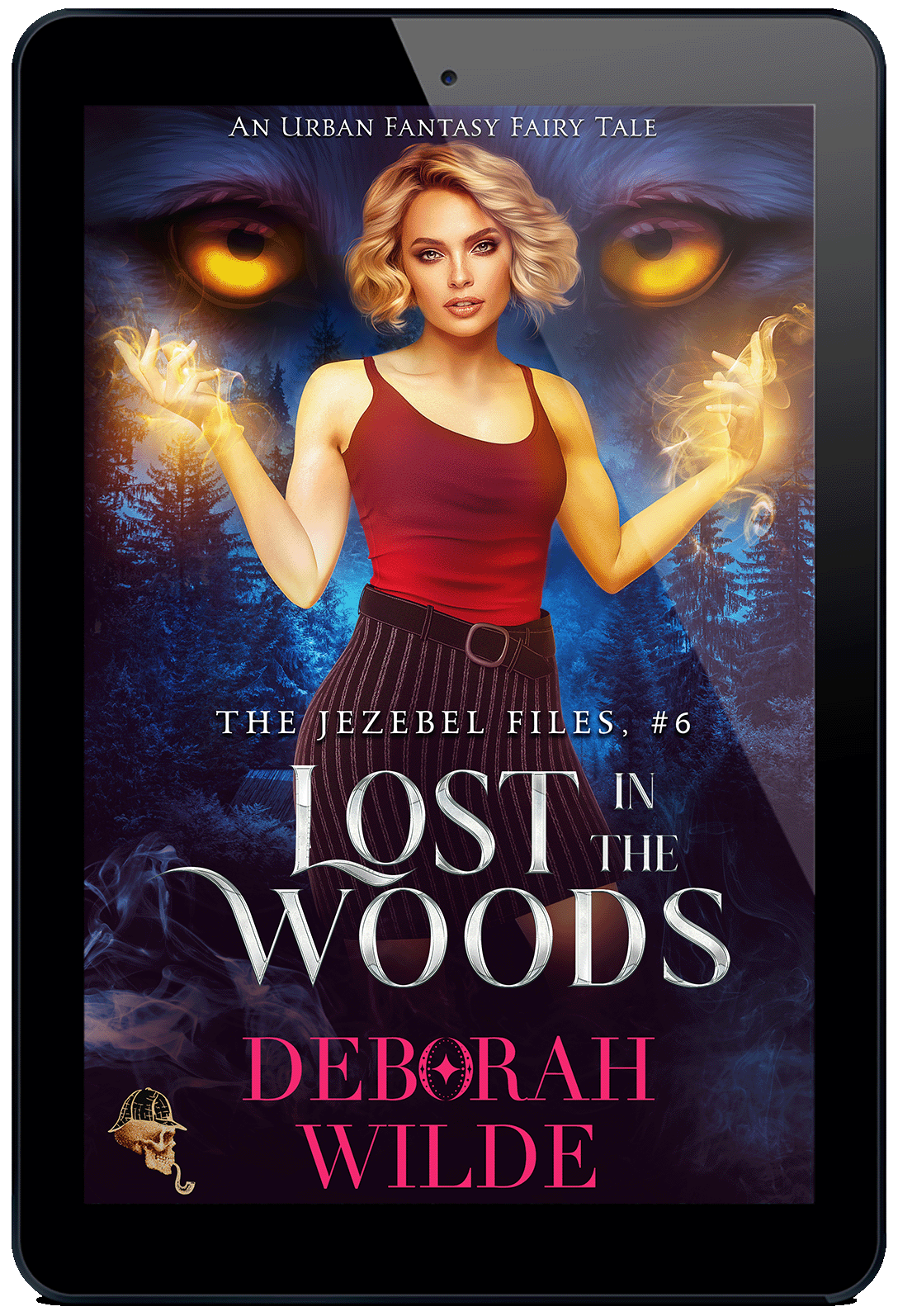 Ebook cover for "Lost in the Woods" by Deborah Wilde. A blonde in a red tank top with magic swirling from her hands stands in front of a dark blue forest. Large, gold wolf eyes are superimposed above the treeline.