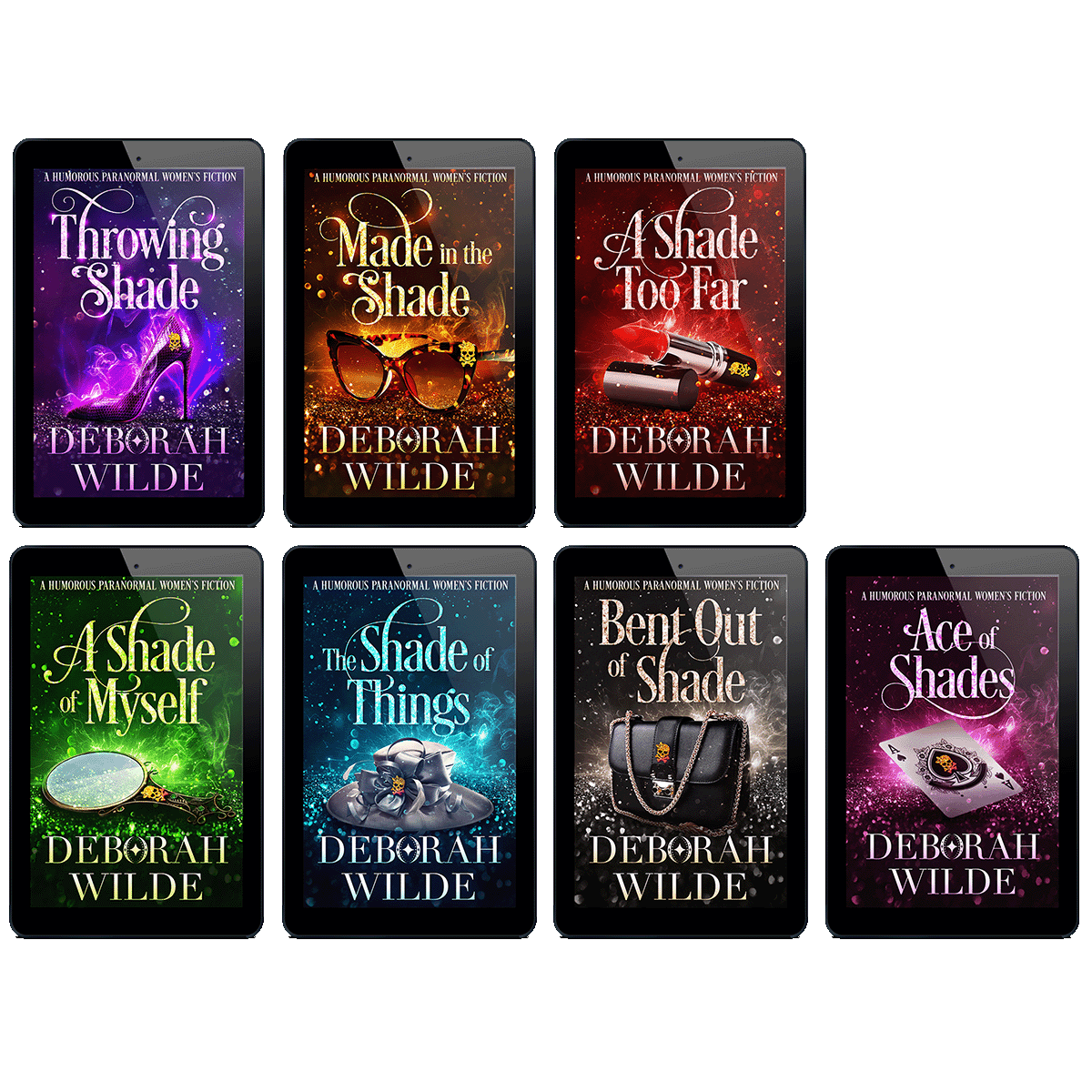 All 7 ebooks in the "Magic After Midlife" urban fantasy series by Deborah Wilde. Books included are; "Throwing Shade", "Made in the Shade", "A Shade Too Far", "A Shade of Myself", "The Shade of Things", "Bent out of Shade", and "Ace of Shades".