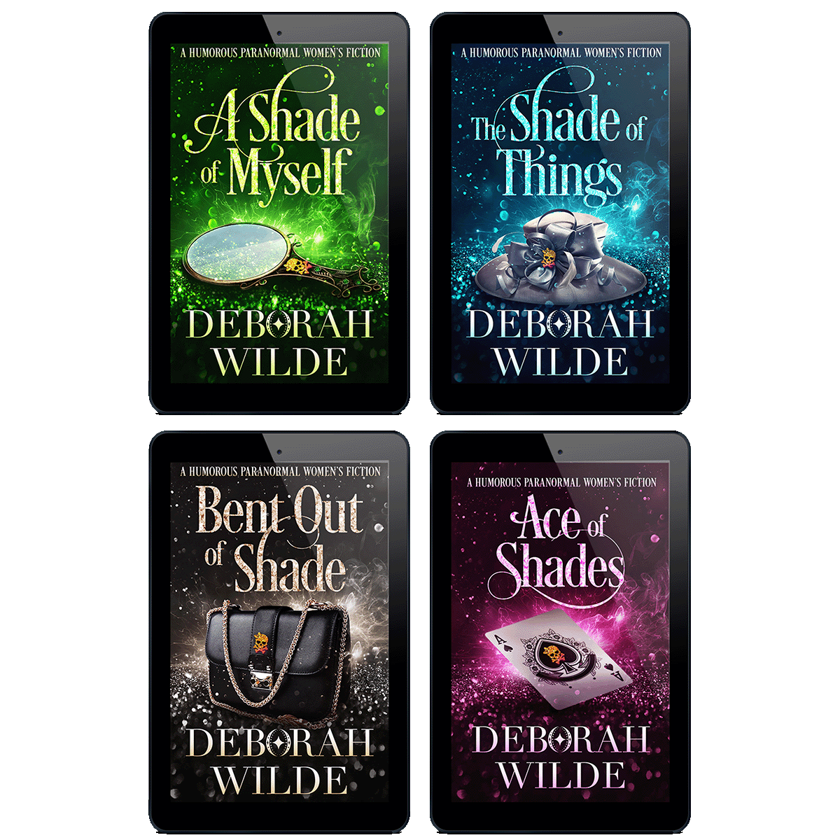 Ebook covers of final 4 stories in  the "Magic After Midlife" series by Deborah Wilde. Including; "A Shade of Myself", "The Shade of Things", "Bent out of Shade", and "Ace of Shades
