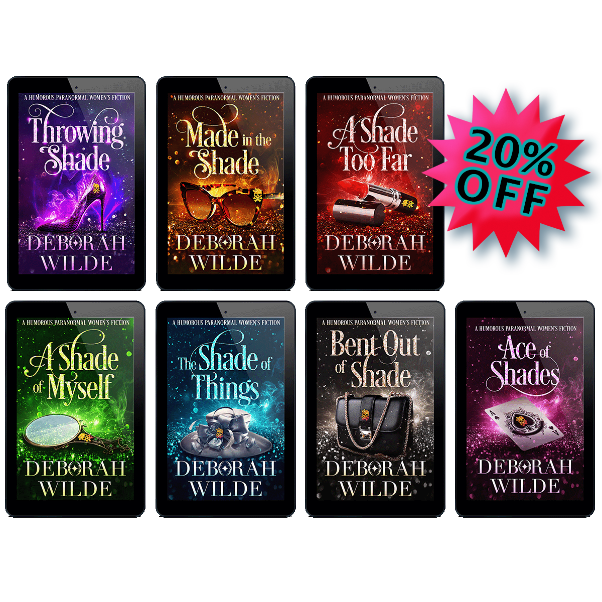 "20% off" badge next to all 7 ebooks in the "Magic After Midlife" urban fantasy series by Deborah Wilde. Covers for "Throwing Shade", "Made in the Shade", "A Shade Too Far", "A Shade of Myself", "The Shade of Things", "Bent out of Shade", and "Ace of Shades are displayed in e-reader frames.