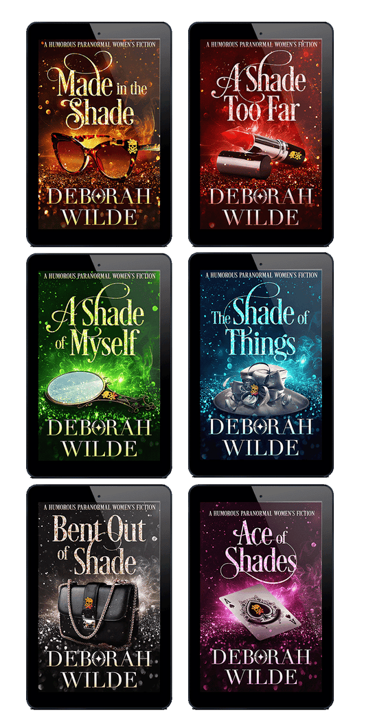 Ebook covers of urban fantasy books 2-7 in the "Magic After Midlife" series by Deborah Wilde. Books included are "Made in the Shade", "A Shade Too Far", "A Shade of Myself", "The Shade of Things", "Bent out of Shade", and "Ace of Shades".