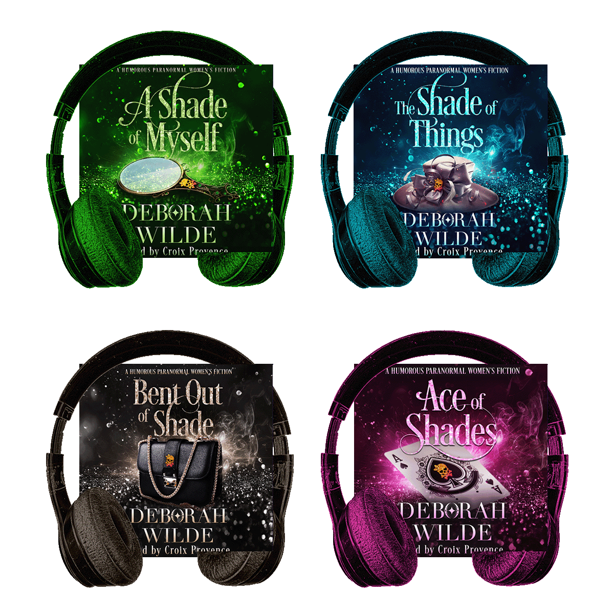 Audiobook covers of last 4 titles in "Magic After Midlife" by Deborah Wilde, narrated by Croix Provence. Titles are "A Shade of Myself", "The Shade of Things", "Bent out of Shade", and "Ace of Shades"