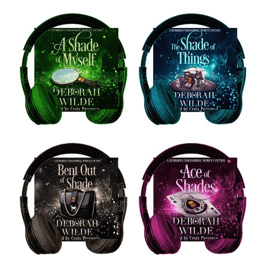 Audiobook covers of last 4 titles in "Magic After Midlife" by Deborah Wilde, narrated by Croix Provence. Titles are "A Shade of Myself", "The Shade of Things", "Bent out of Shade", and "Ace of Shades"