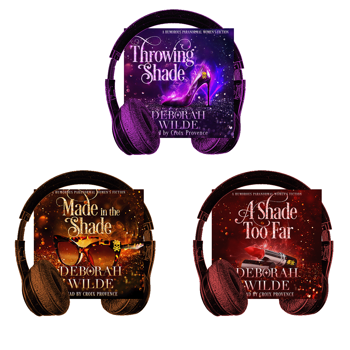 Audiobook covers for the first 3 books in "Magic After Midlife", by Deborah Wilde, narrated by Croix Provence. Titles included; "Throwing Shade", "Made in the Shade", and "A Shade Too Far".