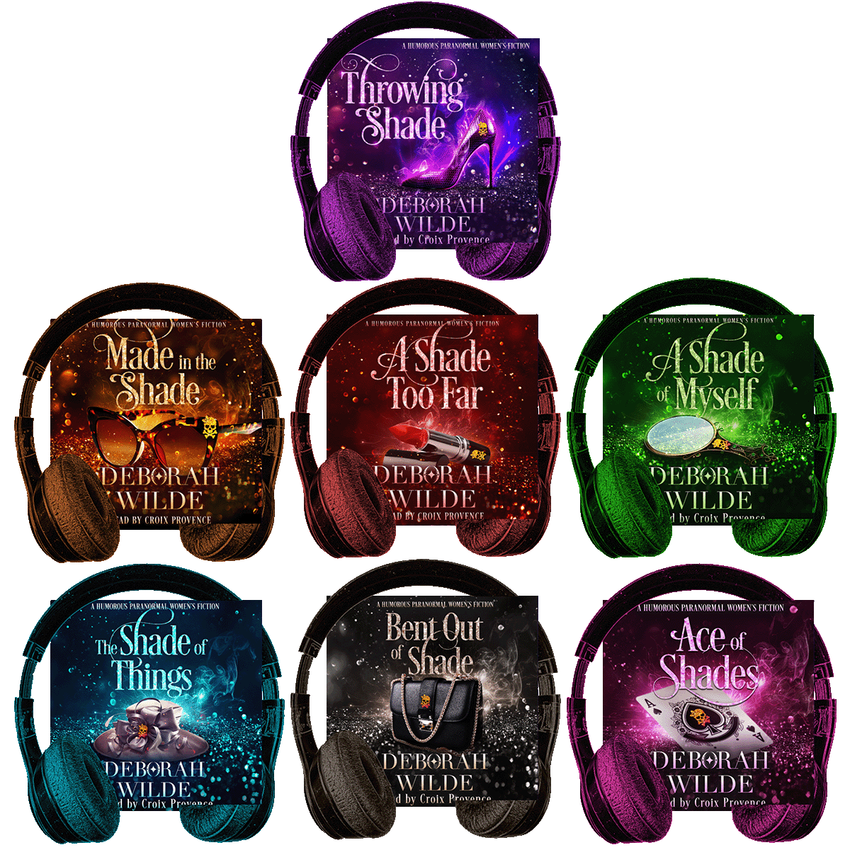 Audiobook covers for all 7 books in "Magic After Midlife", by Deborah Wilde, narrated by Croix Provence. Titles included; "Throwing Shade", "Made in the Shade", "A Shade Too Far", "A Shade of Myself", "The Shade of Things", "Bent out of Shade", and "Ace of Shades".