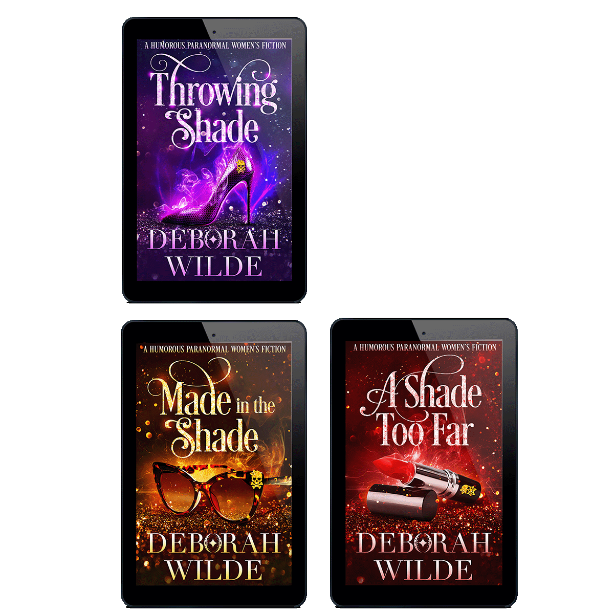 Ebook covers for first 3 books in "Magic After Midlife by Deborah Wilde. Titles included; "Throwing Shade", "Made in the Shade", and "A Shade Too Far".