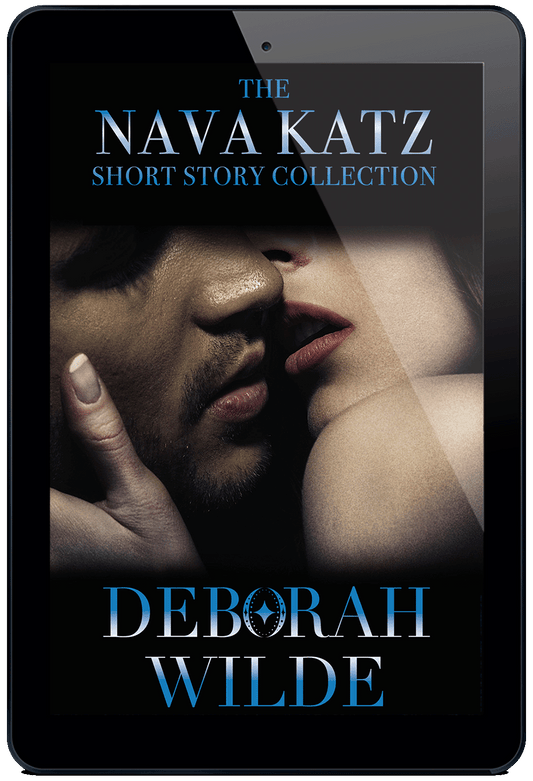 Ebook cover of "The Nava Katz Short Story Collection" by Deborah Wilde. Close up of a couple embracing to kiss.