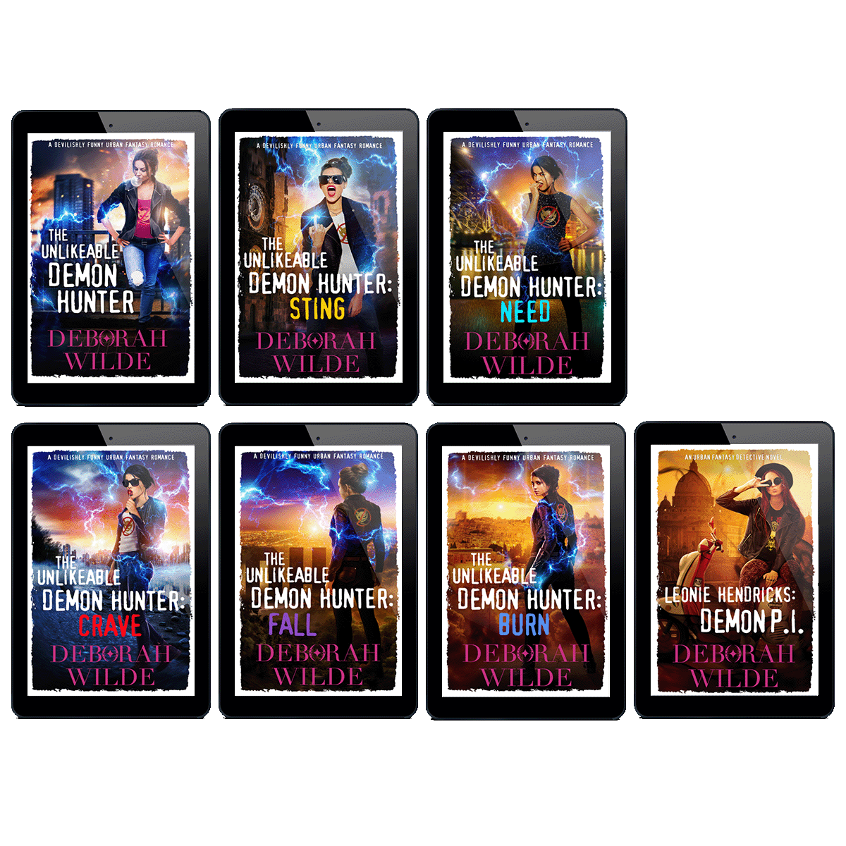 Ebook covers for the "Nava Katz" collection by Deborah Wilde. Titles incuded; : "The Unlikeable Demon Hunter", "The Unlikeable Demon Hunter: Sting", "The Unlikeable Demon Hunter: Crave", "The Unlikeable Demon Hunter: Need", "The Unlikeable Demon Hunter: Fall", "The Unlikeable Demon Hunter: Burn", and "Leonie Hendricks: Demon P.I.".