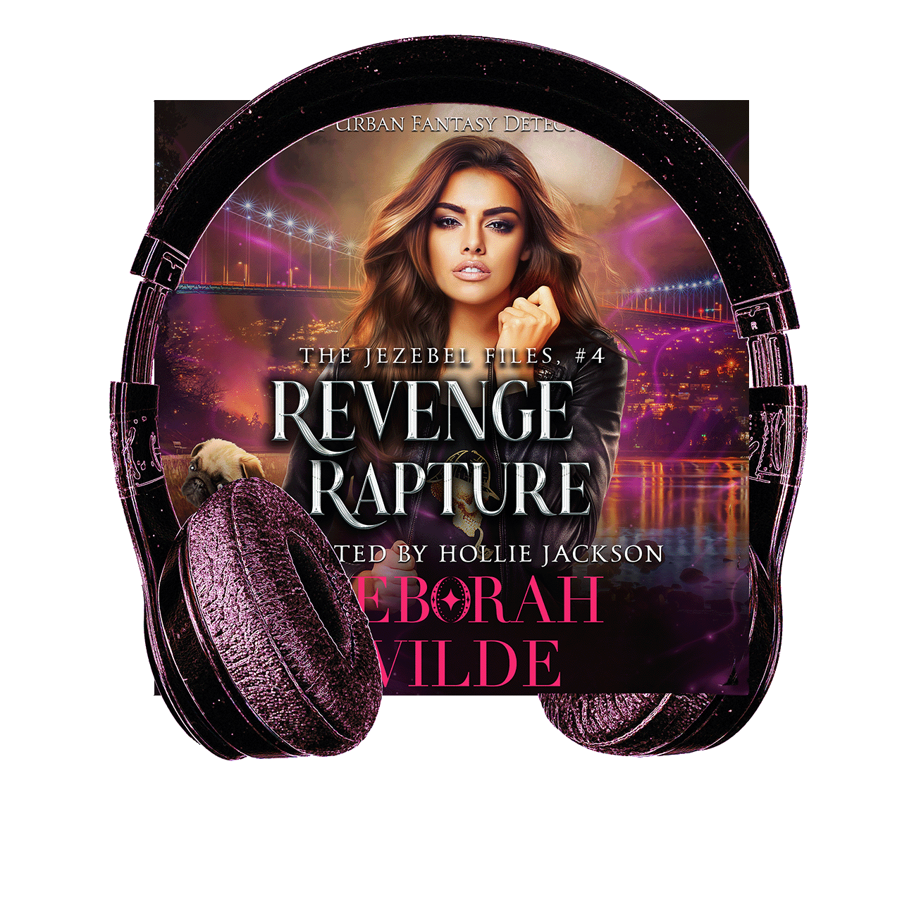 Cover of Revenge & Rapture with headphones. Funny, sexy, urban fantasy.