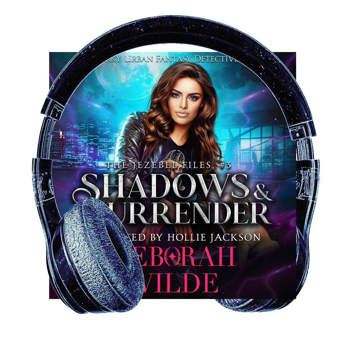 Cover of Shadows & Surrender with headphones. Funny, sexy, urban fantasy.