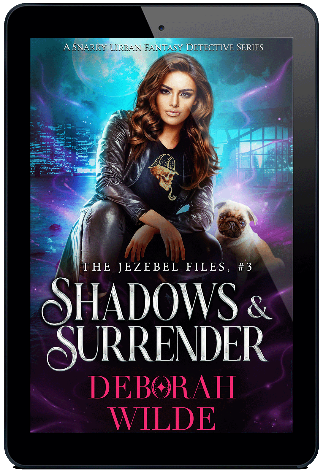 Ebook cover for "Shadows & Surrender" by Deborah Wilde. A brunette sits in an urban setting wearing a t-shirt with a skull smoking a pipe with a deerstalker hat under a leather jacket. A pug sits near her as magic swirls surround them.