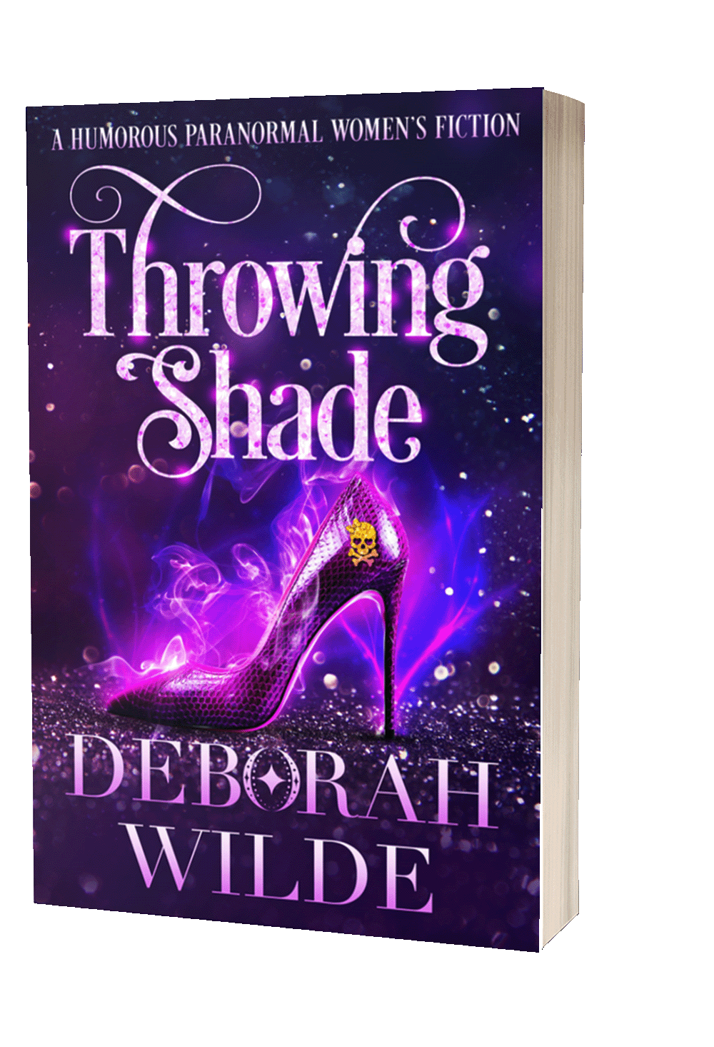Paperback cover of "Throwing Shade", by Deborah Wilde. A purple shiny stiletto with a gold skull-and-crossbones-wearing-a-bow icon on heel.