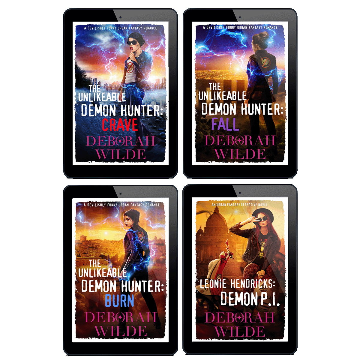 Final 4 ebook covers in 'The Unlikeable Demon Hunter' series by Deborah Wilde. Including, "The Unlikeable Demon Hunter: Crave", "The Unlikeable Demon Hunter: Need", "The Unlikeable Demon Hunter: Fall", "The Unlikeable Demon Hunter: Burn", and "Leonie Hendricks: Demon P.I.".