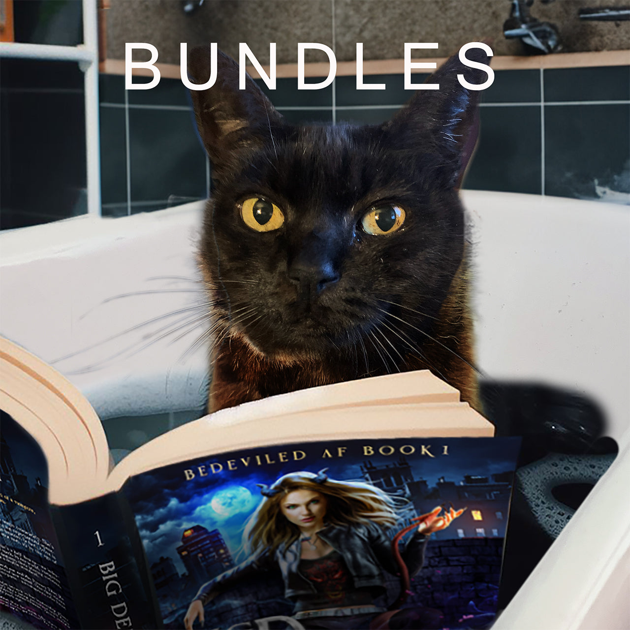 A black cat sits in a tub reading a paperback. White text reads "BUNDLES"
