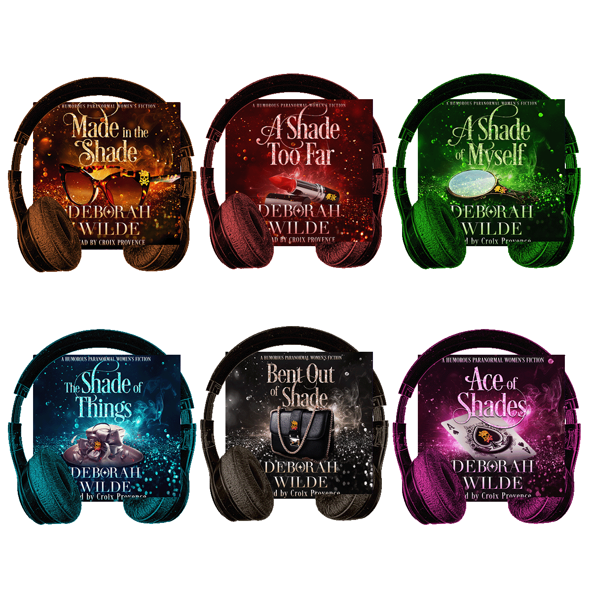 Covers of urban fantasy audiobooks 2-7 in the "Magic After Midlife" series by Deborah Wilde. Books included are "Made in the Shade", "A Shade Too Far", "A Shade of Myself", "The Shade of Things", "Bent out of Shade", and "Ace of Shades"