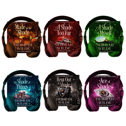 Covers of urban fantasy audiobooks 2-7 in the "Magic After Midlife" series by Deborah Wilde. Books included are "Made in the Shade", "A Shade Too Far", "A Shade of Myself", "The Shade of Things", "Bent out of Shade", and "Ace of Shades"