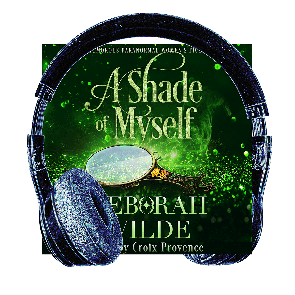 Headphones surround audiobook cover for "A Shade of Myself" by Deborah Wilde.