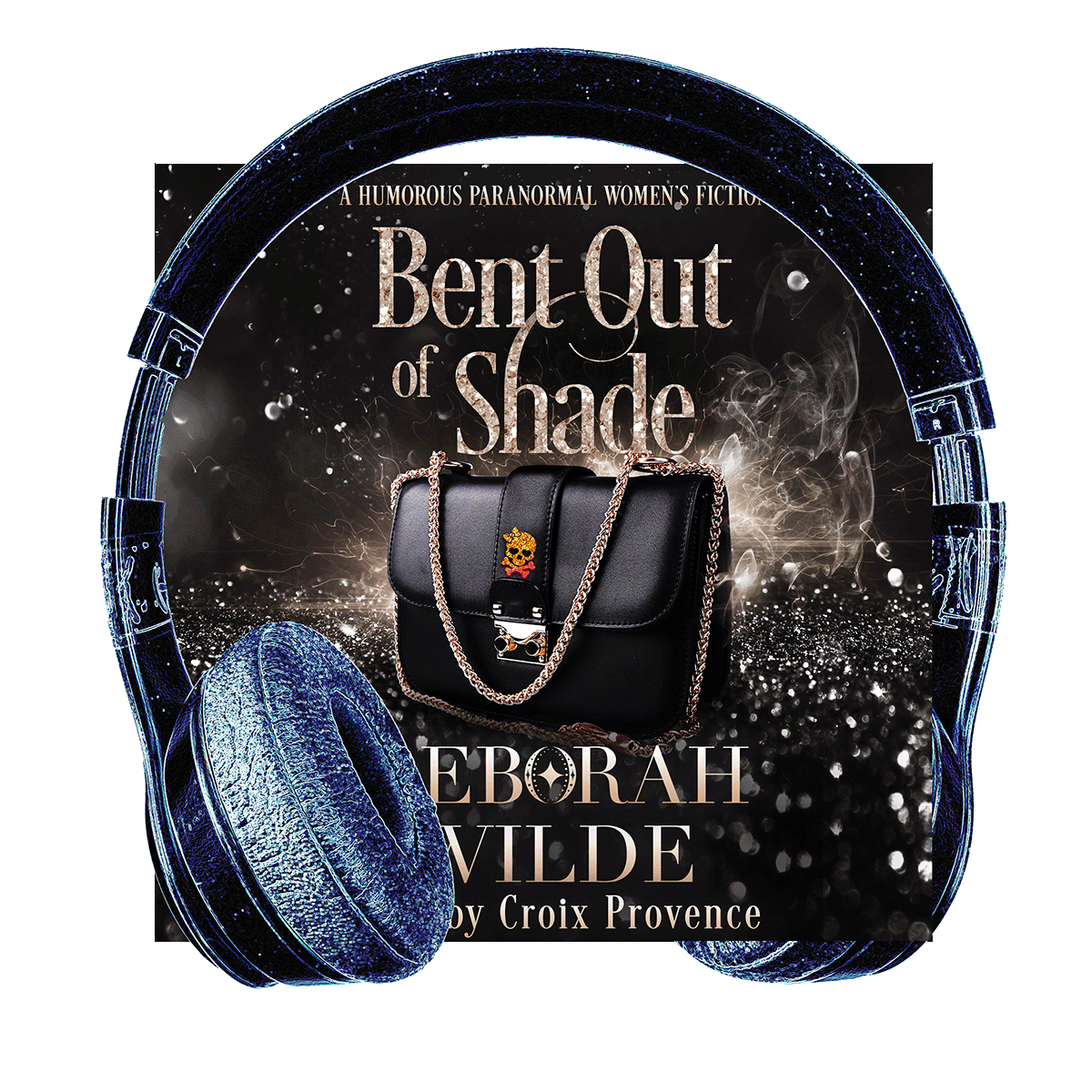 Headphones surround audiobook cover for "Bent Out of Shade" by Deborah Wilde.