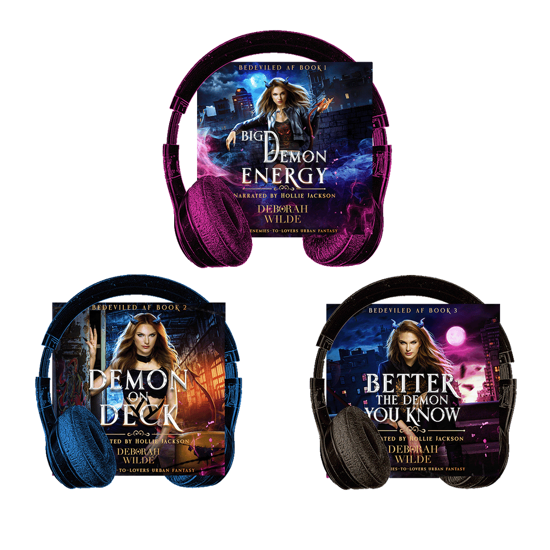 Audiobook covers for first three books in the "Bedeviled AF" series by Deborah Wilde, Narrated by Hollie Jackson. Title include "Big Demon Energry", "Demon on Deck", and "Better the Demon You Know".