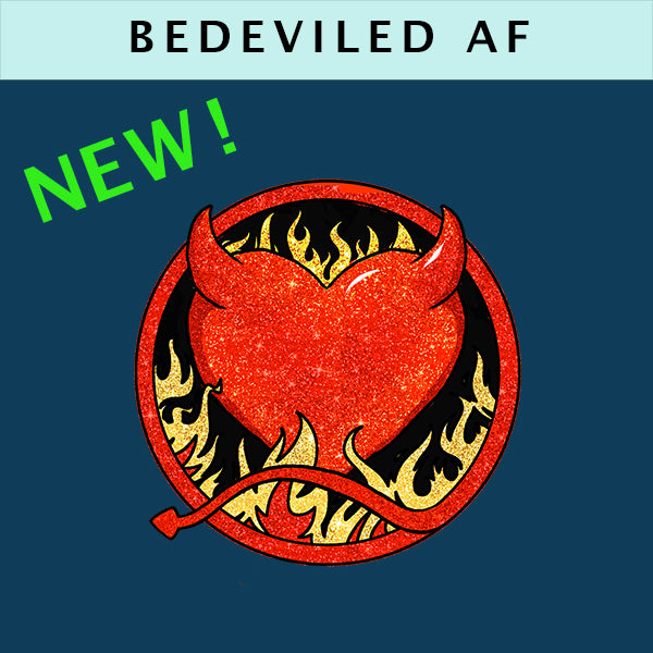 logo of flaming heart with demon horns and tail for urban fantasy series Bedeviled AF