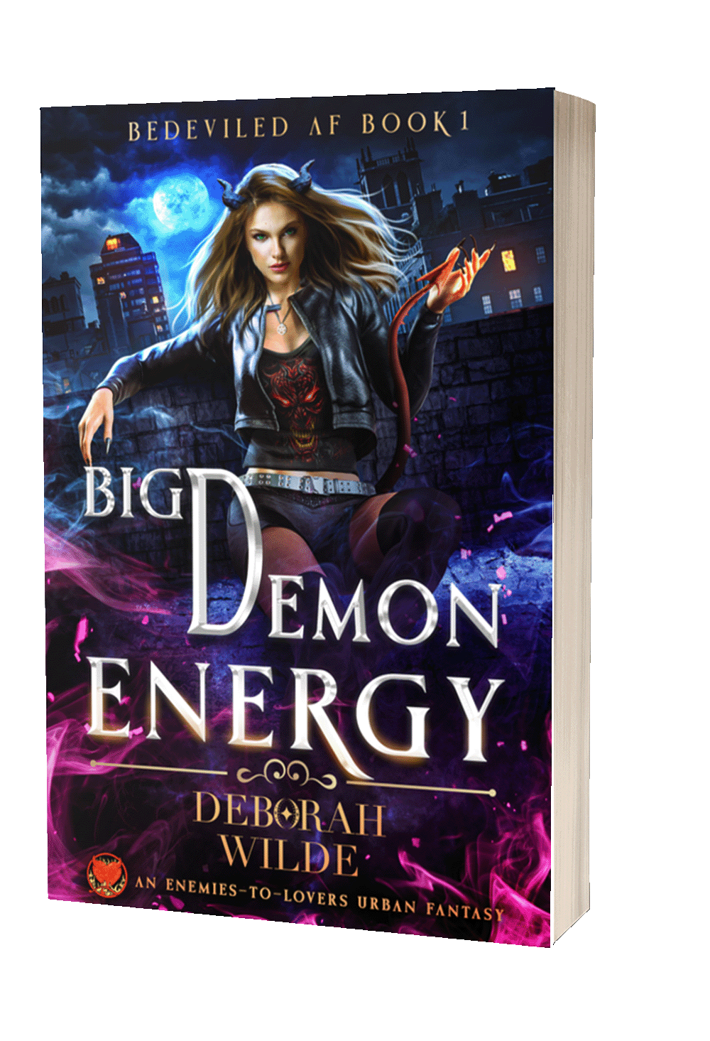 Paperback cover for "Big Demon Energy" by Deborah Wilde. A woman with discrete blue horns and a red tail sits against a wall with a dark urban city behind her.