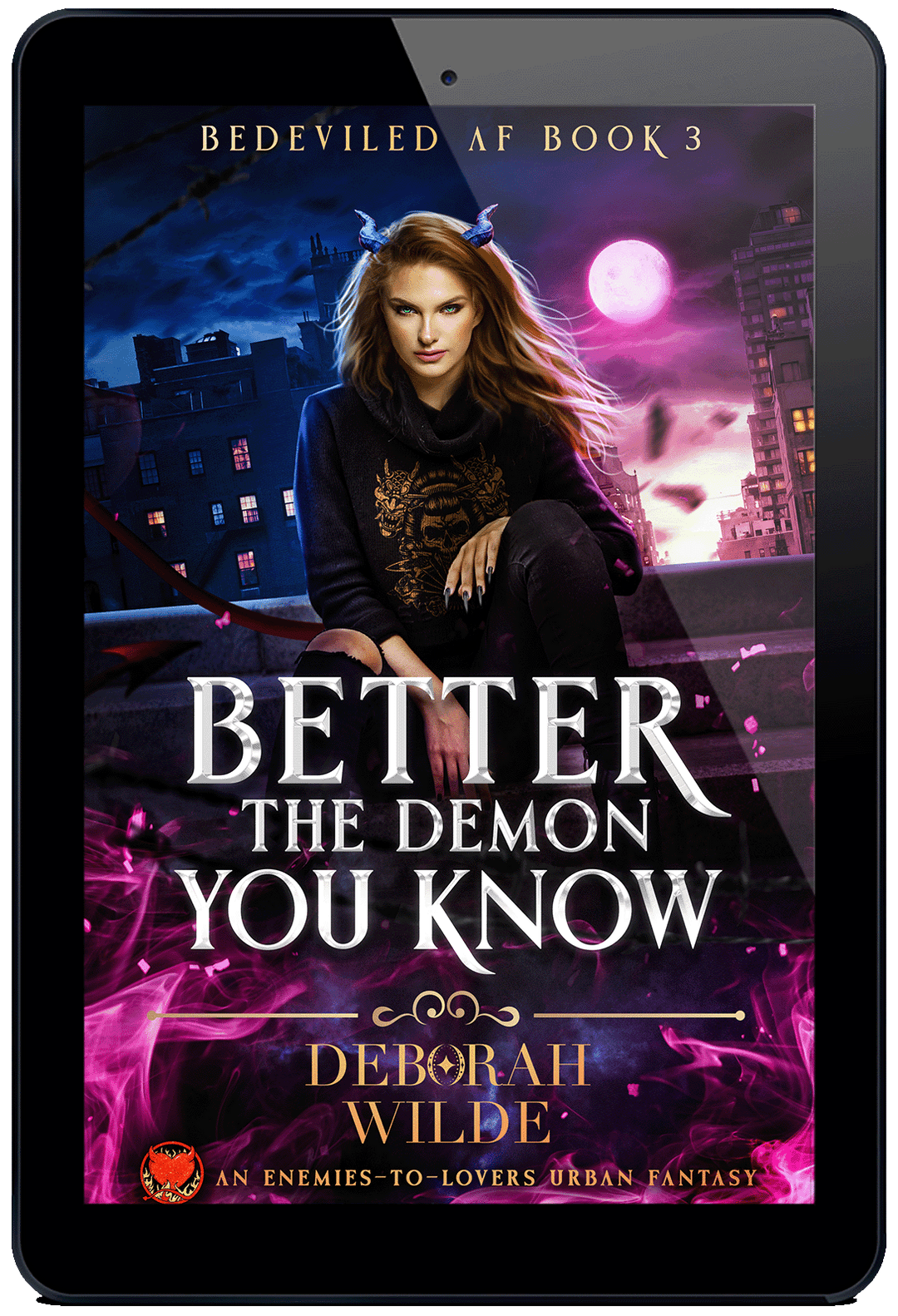 ebook cover of "Better the Demon You Know", by Deborah Wilde. A brunette with blue horns sits on top of a building with a blue and purple skyline behind her.