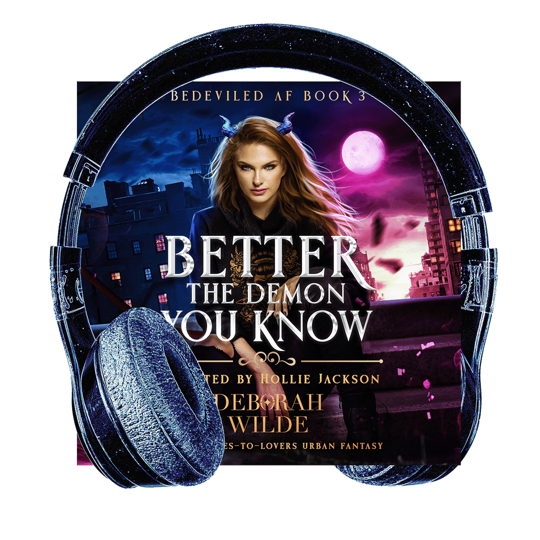Headphones wrap around audiobook cover of "Better the Demon You Know" by Deborah Wilde, narrated by Hollie Jackson. A brunette with blue horns sits on top of a building with a blue and purple skyline behind her.