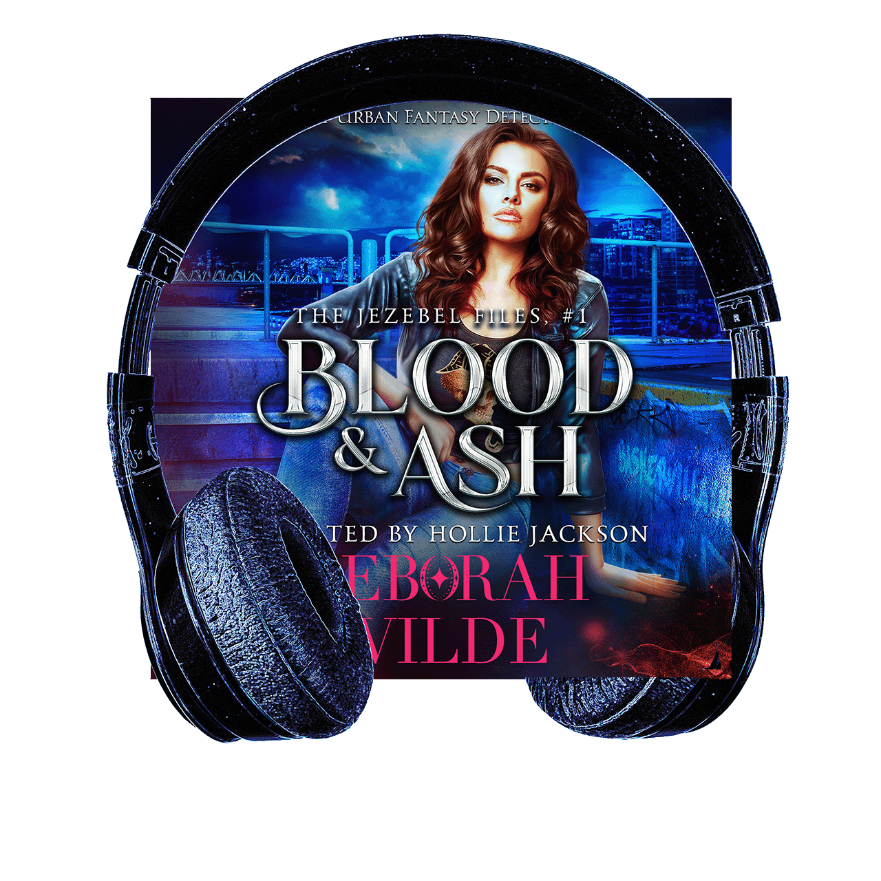 Cover of Blood & Ash with headphones. Funny, sexy, urban fantasy.