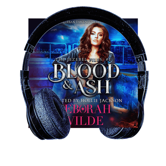 Cover of Blood & Ash with headphones. Funny, sexy, urban fantasy.