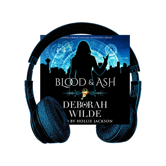 Cover of Blood & Ash with headphones. Funny, sexy, urban fantasy.