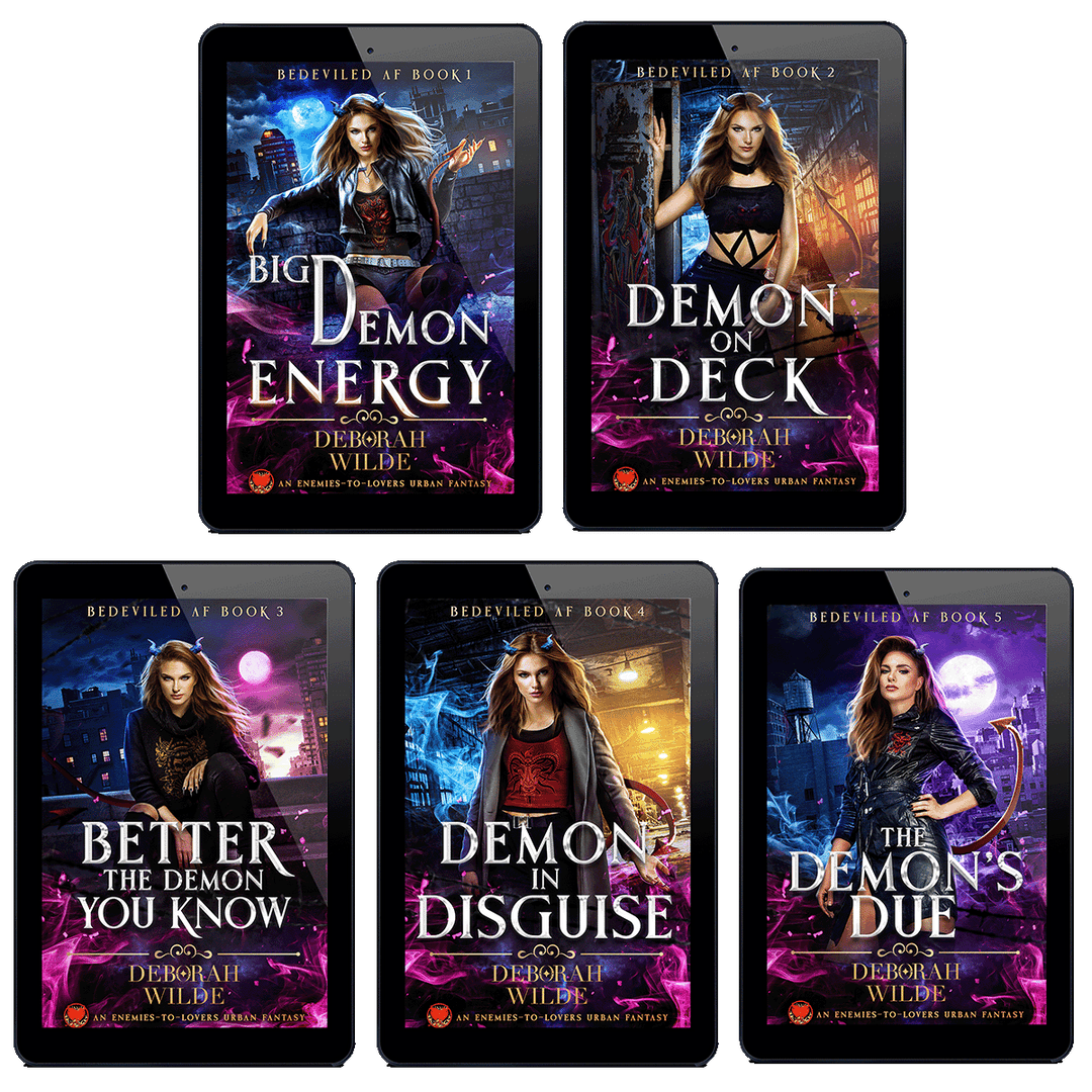 Set of five ebook covers from the 'Bedeviled AF' series by Deborah Wilde.  Big Demon Energy, Demon on Deck, Better the Demon You Know, Demon in Disquise and The Demon's Due.
