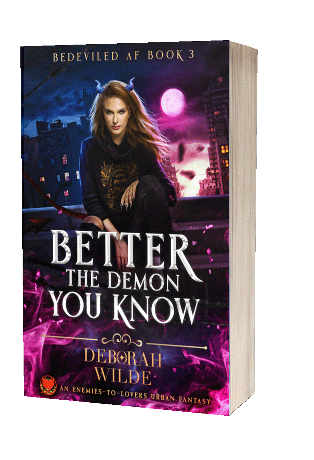 Paperback cover of "Better the Demon You Know" by Deborah Wilde. A brunette with blue horns and red tail sits   on a roof with the city and blue and purple night sky behind her.